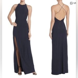 NWOT Love X Design Navy Blue Halter Maxi Dress With Leg Slit. Small. Backless.